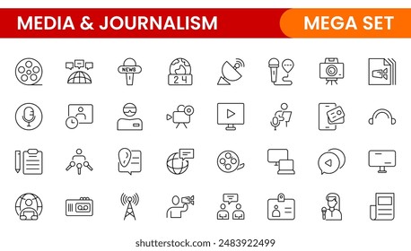 Set of thin line icons news, mass media, and fake news. Outline symbol collection. related to media, social networks, public journalism, communication, and networking. icon. Outline icon collection.