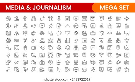 Set of thin line icons news, mass media, and fake news. Outline symbol collection. related to media, social networks, public journalism, communication, and networking. icon. Outline icon collection.