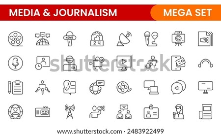 Set of thin line icons news, mass media, and fake news. Outline symbol collection. related to media, social networks, public journalism, communication, and networking. icon. Outline icon collection.