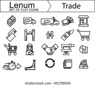 Set of thin line icons on trade, sales and shop themes. Black and white icons set. 20 icons in set. Stock vector.