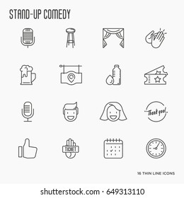 Set of thin line icons on theme Stand Up comedy show. Vector illustration.