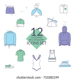 Set with thin line icons on theme of shopping and clothes on the white background. 12 trending clothing by category in outline style. Vector illustration. Ideally used in ad materials, website design.