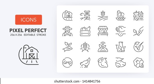 Set of thin line icons of organic food production and new agricultural technologies. Outline symbol collection. Editable vector stroke. 256x256 Pixel Perfect scalable to 128px, 64px...