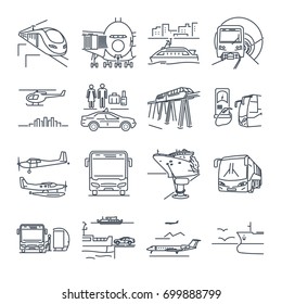 set of thin line icons passenger transportation, bus, train