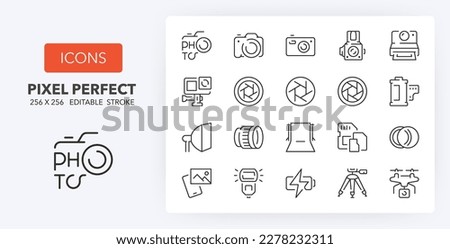 Set of thin line icons of photography. Outline symbol collection. Editable vector stroke. 256x256 Pixel Perfect scalable to 128px, 64px...