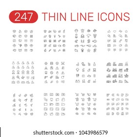 Set of thin line icons pictogram. Box, school subjects, sea food, testimonials, users,
 warning, message, plants, factory buildings, folders, shopping cart, cosmetics theme. Vector illustration design