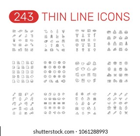 Set of thin line icons pictogram. Pill, wine, award, cake, document, gear, plate, gift, key, layered material, chemistry, barbecue theme. Vector illustration design