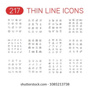 Set of thin line icons pictogram. Space, planets, satellite, honey, beekeeping, logistics, garbage, buildings, construction,
justice, shipping, office, loan, video theme. Vector illustration design