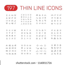 Set of thin line icons pictogram. Presentation, geometry, donation, support, religion, navigation, medical care, 
transport, crown, sea animals, halloween themes. Vector illustration design