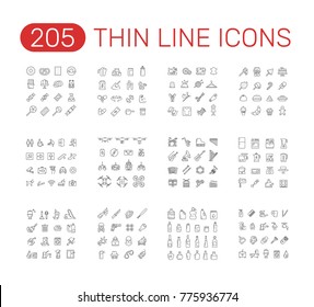 Set Of Thin Line Icons Pictogram. Sweets, Sport Supplements, Sewing, 
Flying Drone, Public Navigation, Musical Instruments, Kitchen Appliances, Crime, Cleaning, Bottles, Hygiene Theme. Vector Illustra