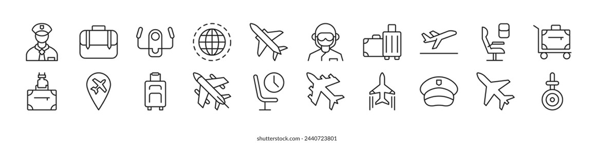 Conjunto de iconos de línea fina de piloto. Trazo editable. Ilustración lineal simple para sitios web, periódicos, libros de artículos 