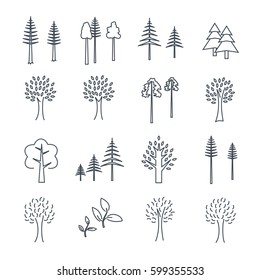 set of thin line icons pine and deciduous trees