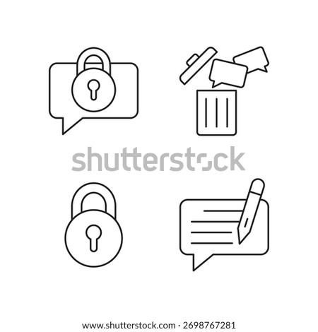 Set of thin line icons for privacy, trash, deletion, editing, and chat.