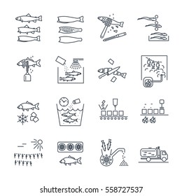 set of thin line icons processing and preserving of fish