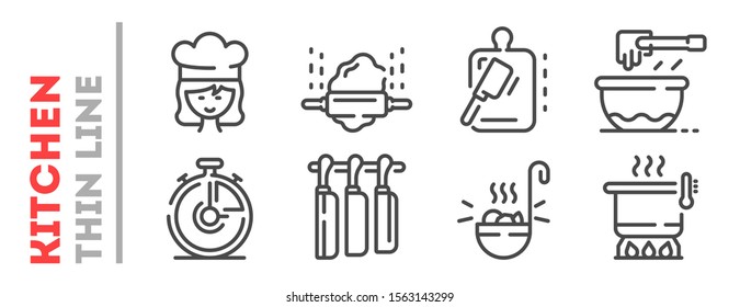 Set of thin line icons related with cooking process isolated on white. Outline kitchenware, cook pictograms collection. Food preparation logos. Utensil, chef vector elements for infographic, web.