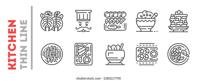 Set of thin line icons related with homemade food isolated on white. Outline cookware, meat, fish dishes pictograms collection, logotypes. Kitchen utensils, meal vector elements for infographic, web.