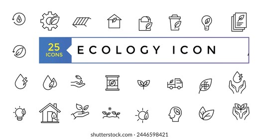 Set of thin line icons related to Ecology, environmental, ecological, recyling, green, organic, industry. Linear ecology simple symbol collection.