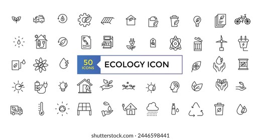 Conjunto de iconos de línea delgada relacionados con la ecología, medio ambiente, ecológico, reciclaje, verde, orgánico, industria. Colección de símbolos simples de ecología lineal.
