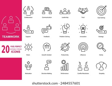 Set of thin line icons related to teamwork. Pixel Perfect. Editable stroke. Vector illustration