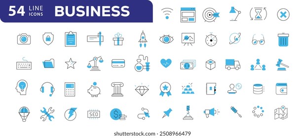 Set von dünnen Linie Icons verwandten Team, Teamarbeit, Mitarbeiter, Zusammenarbeit. Lineare Business einfache Symbolsammlung. Vektorgrafik. Bearbeitbarer Strich