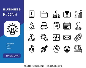 Set von dünnen Linie Icons verwandten Team, Teamarbeit, Mitarbeiter, Zusammenarbeit. Lineare Business einfache Symbolsammlung. Vektorgrafik. Bearbeitbarer Strich