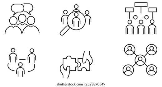 Set von dünnen Linie Icons verwandten Team, Teamarbeit, Mitarbeiter, Zusammenarbeit. Lineares Geschäft einfaches Symbol, Vektorsymbol, Illustration, Hintergrunddesign