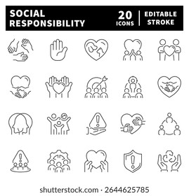 Set of thin line icons related to corporate social responsibility. Core values, impact, trust, support, care, social response