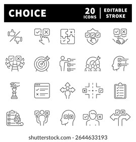  Conjunto de ícones de linha fina relacionados a escolha e solução. Decisão, opção, seleção, dilema, seleção, preferência, teste, ícones de seleção. Ícones de escolha no estilo de linha