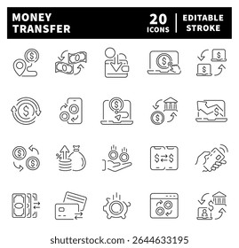 Set of thin line icons related to money transfer. Banking, credit card, money, transaction, payment, money transfer icons