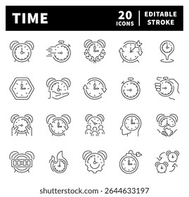 Set of thin line icons related to time. Timer, alarm, stopwatch, hourglass, time icons