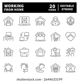Set of thin line icons related to working from home. Freelance and Work at Home Icons Set. Working from Home, Distant Work, Freelance