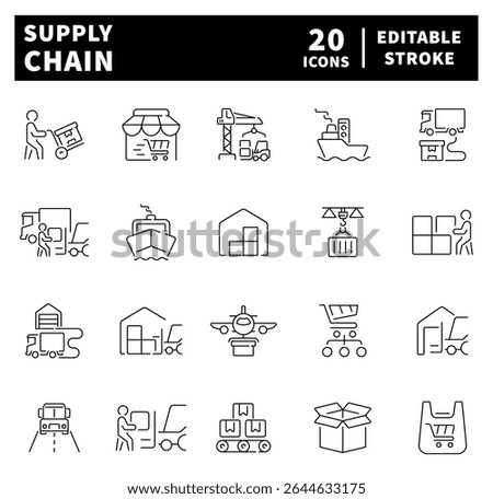 Set of thin line icons related to supply chain and logistic. Logistic, delivery, manufacturing, shipping, transportation, distribution