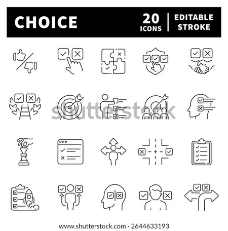  Set of thin line icons related to choice and solution. Decision, option, selection, dilemma, select, preference, quiz, selection icons. Choice icons in line style