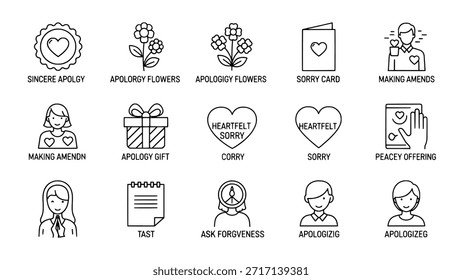 Eine Reihe von dünnen Linien Symbole, die die Konzepte der Entschuldigung, Vergebung und Wiedergutmachung. Enthält Symbole wie Blumen, Geschenke, Karten und Menschen, die Reue ausdrücken.