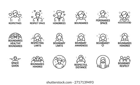 Un conjunto de iconos de líneas delgadas que representan conceptos de límites personales, respeto y relaciones saludables. La colección incluye símbolos para respetar los límites y el espacio personal.