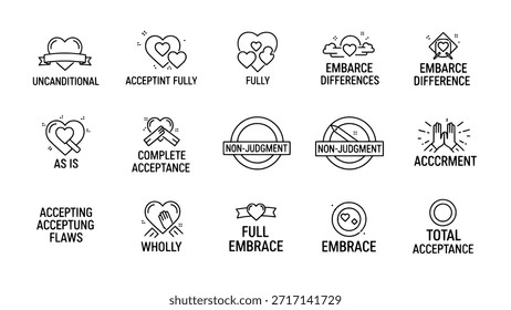 Um conjunto de ícones de linha fina representando conceitos de amor incondicional, aceitação e não julgamento. A coleção inclui vários símbolos cardíacos e afirmações positivas.