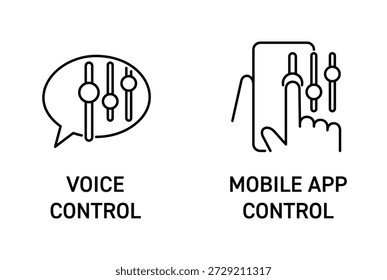 Conjunto de iconos de línea delgada que representan el control remoto de dispositivos domésticos inteligentes a través de aplicaciones móviles y comandos de voz. Conveniente para el diseño de interfaz de etiquetado y efectos visuales de la automatización casera.