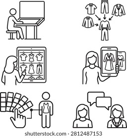 Set of thin line icons representing online fashion design service concepts