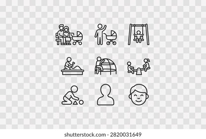 Set of thin line icons representing family activities, children playing, and parenting concepts in a park or playground setting