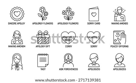 A set of thin line icons representing the concepts of apology, forgiveness, and making amends. Includes symbols like flowers, gifts, cards, and people expressing remorse.