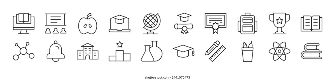 Set von dünnen Linie Icons von Schule, Hochschule, Universität. Bearbeitbarer Strich. Einfache lineare Illustration für Websites, Zeitungen, Buchartikel 