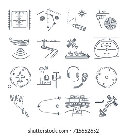 set of thin line icons sea and air navigation, piloting, equipment, devices