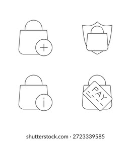 Conjunto de iconos de línea delgada para la compra segura, información, pago y adición de artículos.