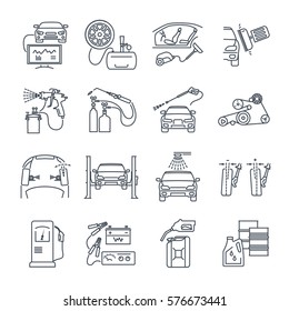 set of thin line icons servicing, maintenance, repair of car and auto