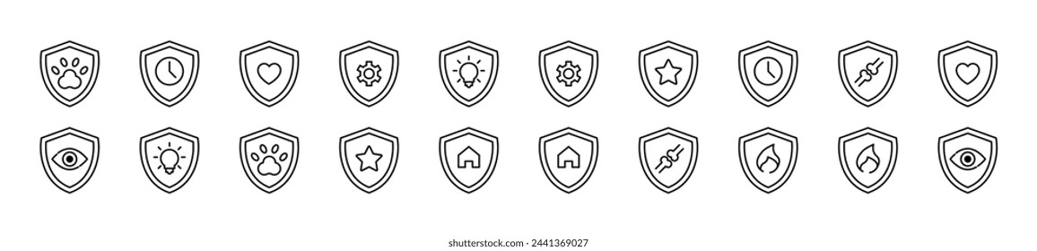 Conjunto de iconos de línea delgada de escudo. Trazo editable. Ilustración lineal simple para sitios web, periódicos, libros de artículos 