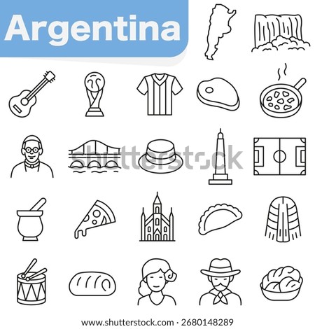 A set of thin line icons symbolizing Argentina. Culture and nature of South America. EPS 10.