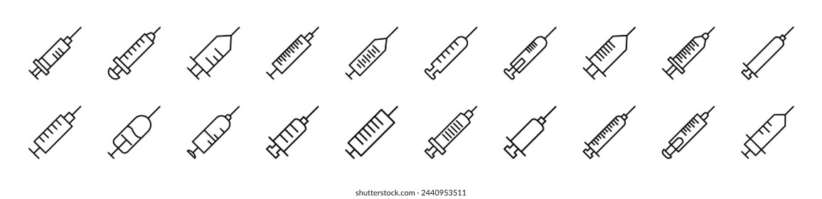 Set of thin line icons of syringe. Editable stroke. Simple linear illustration for web sites, newspapers, articles book 