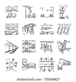 set of thin line icons transport infrastructure, road, air, train