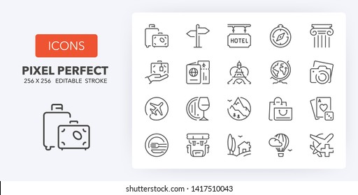 Set of thin line icons of travel, tourism and destinations. Outline symbol collection. Editable vector stroke. 256x256 Pixel Perfect scalable to 128px, 64px...