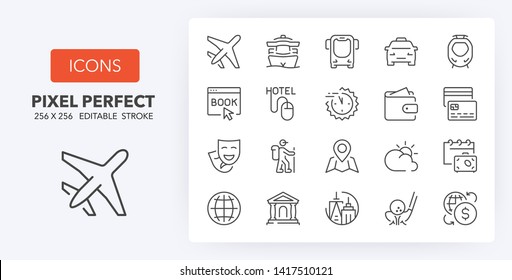 Set of thin line icons of travel, tourism and destinations. Outline symbol collection. Editable vector stroke. 256x256 Pixel Perfect scalable to 128px, 64px...